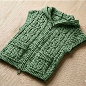 Aran Crafts Sz 2-3Y Green Merino Wool Irish Fisherman Zip Hooded Vest
